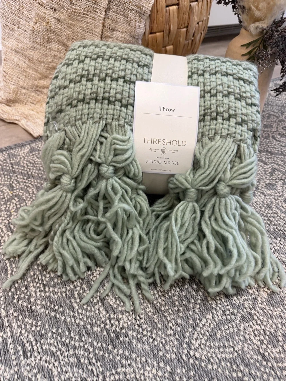 Studio McGee Mint Sage Knit Throw with Fringe
